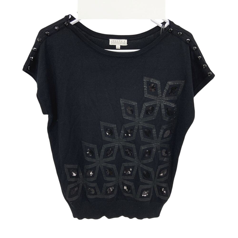 Joseph A Black Short Sleeve Sequins Sweater Blouse Knit Pullover Size S